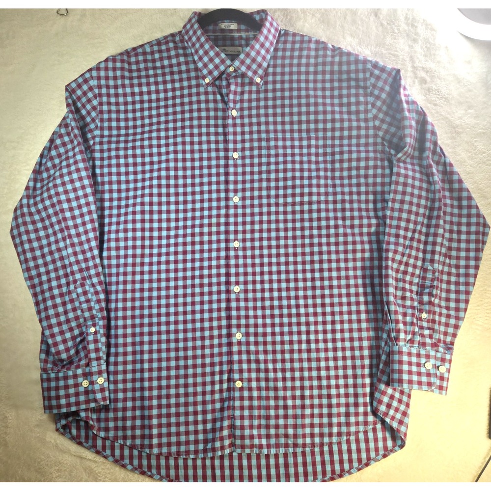 Peter Millar Men XXL Dress Shirt Gingham Check Blue Red Plaid Long Sleeve Cotton